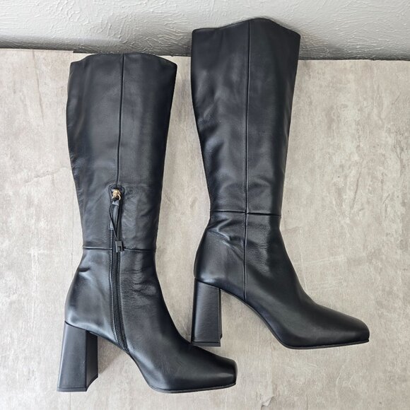 Black Leather Tall Heeled Boots Knee High Block Heel Square Toe Minimalist Chic - Picture 5 of 15